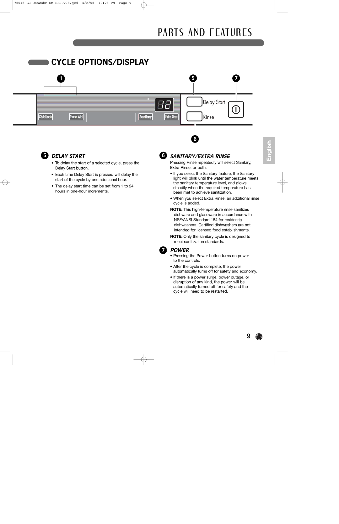 LG Electronics LDF6920WW, LDF6920BB, LDF6920ST owner manual Cycle OPTIONS/DISPLAY, Delay Start, SANITARY/EXTRA Rinse, Power 