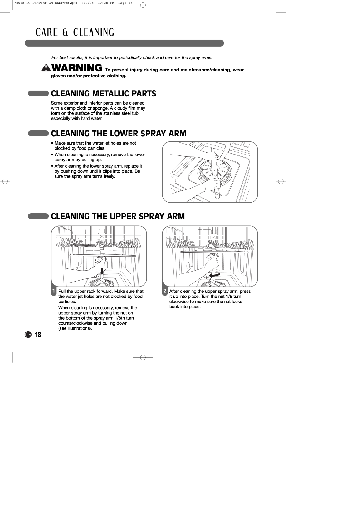 LG Electronics LDF6920WW, LDF6920BB C A R E & C L E A N I N G, Cleaning Metallic Parts, Cleaning The Lower Spray Arm 