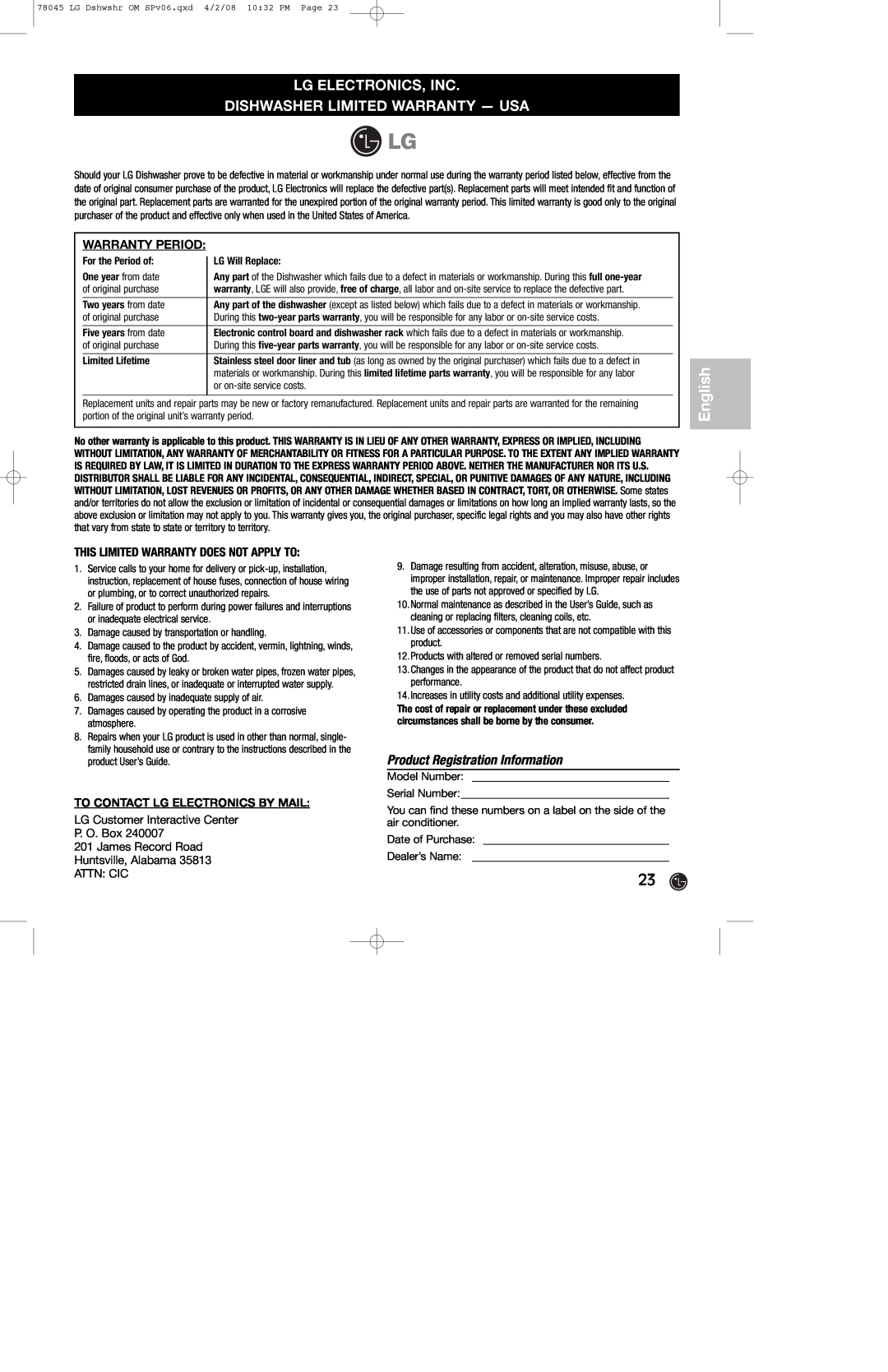 LG Electronics LDF6920ST Lg Electronics, Inc Dishwasher Limited Warranty - Usa, Product Registration Information, English 
