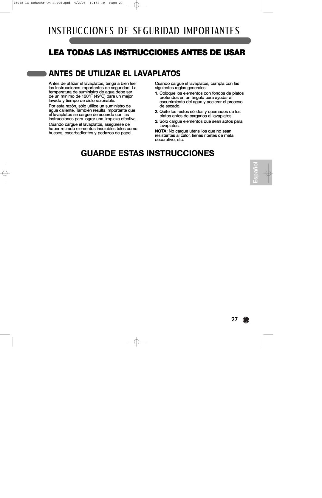 LG Electronics LDF6920WW, LDF6920BB, LDF6920ST Guarde Estas Instrucciones, Antes De Utilizar El Lavaplatos, Español 