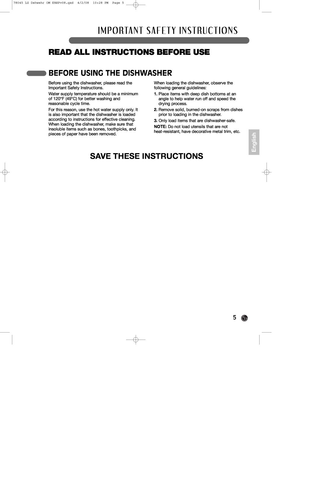 LG Electronics LDF6920ST Save These Instructions, Before Using The Dishwasher, Read All Instructions Before Use, English 
