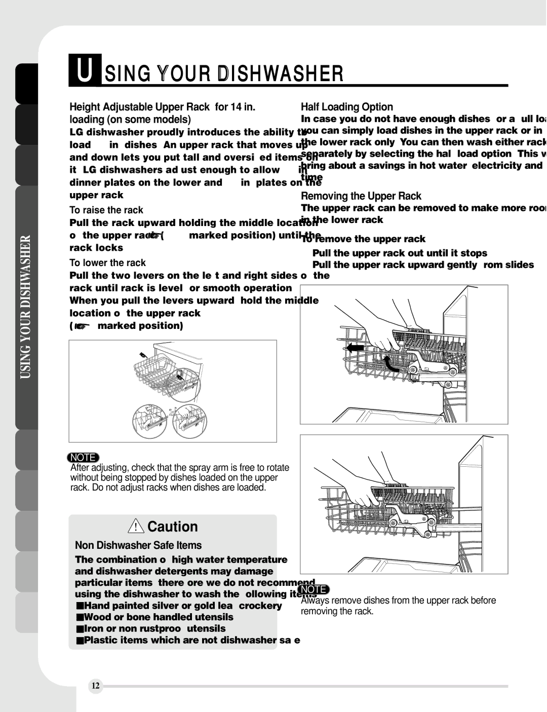 LG Electronics LDF7810WW manual Half Loading Option, Removing the Upper Rack, Non Dishwasher Safe Items, To raise the rack 