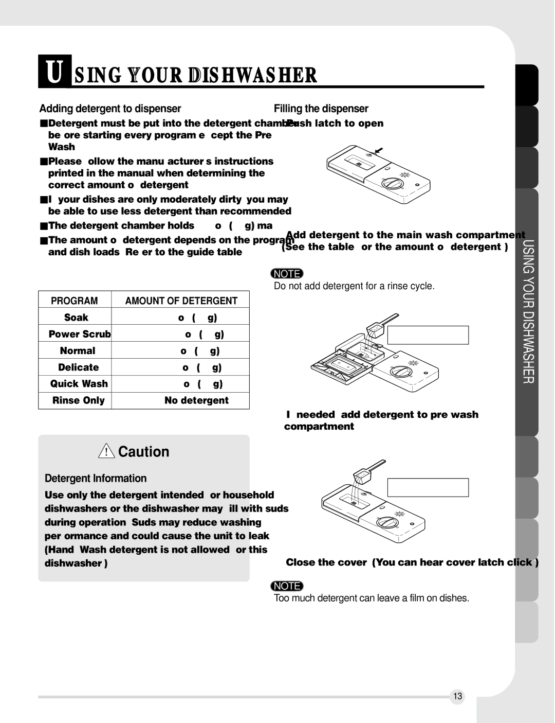 LG Electronics LDF7810ST, LDF7810WW, LDF7810BB Adding detergent to dispenser, Filling the dispenser, Detergent Information 