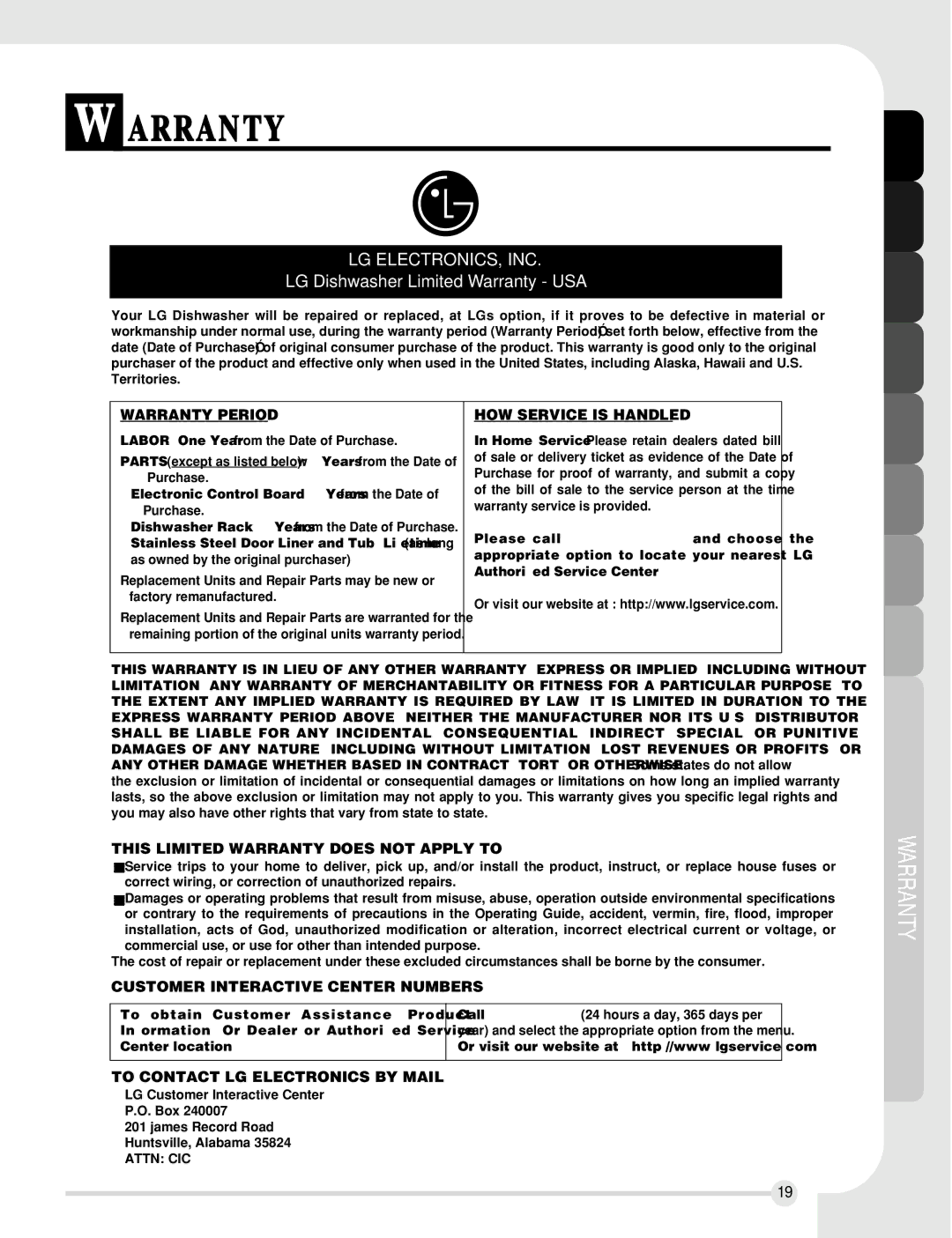 LG Electronics LDF7810ST, LDF7810WW, LDF7810BB manual Arranty, Lg Electronics, Inc 