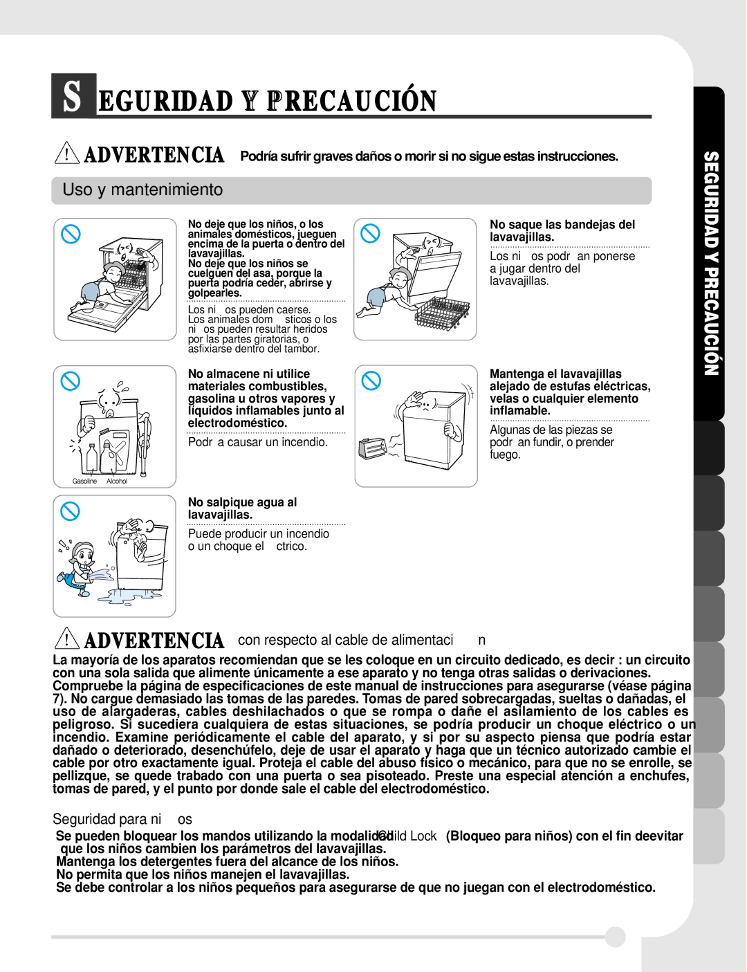 LG Electronics LDF7810ST, LDF7810WW, LDF7810BB manual Advertencia con respecto al cable de alimentación, Seguridad para niños 