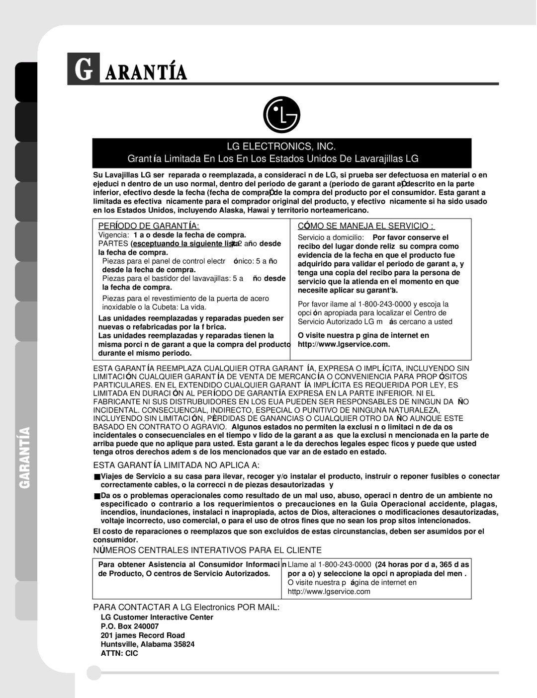 LG Electronics LDF7810ST, LDF7810WW, LDF7810BB manual Arantía, Para Contactar a LG Electronics POR Mail 