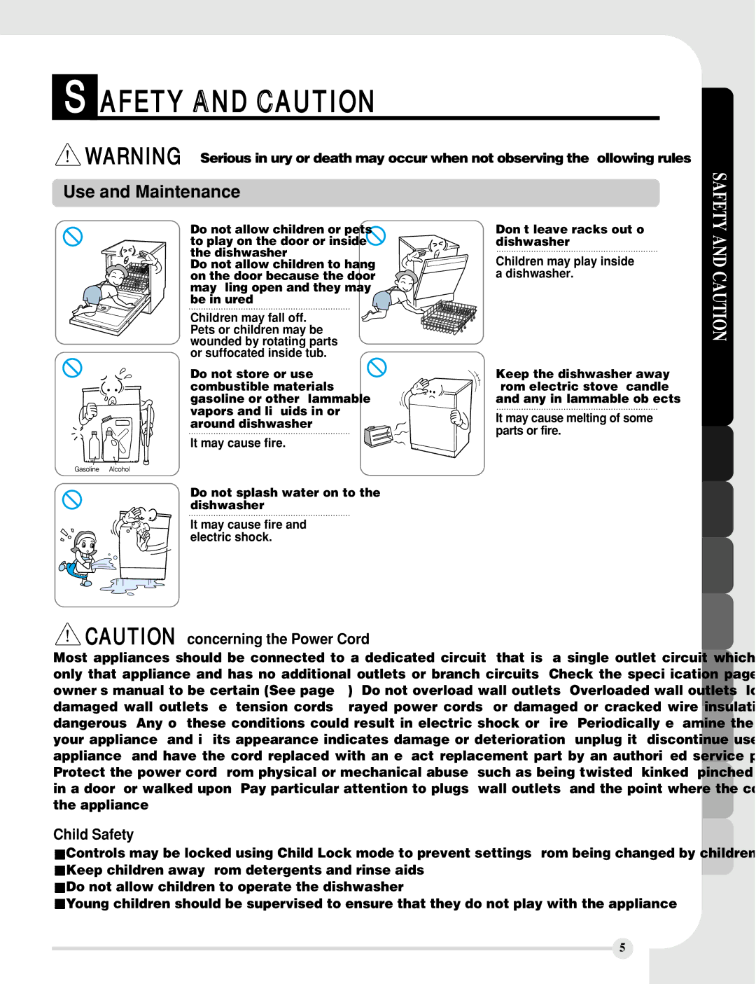 LG Electronics LDF7810BB Child Safety, It may cause fire and electric shock, Children may play inside a dishwasher 