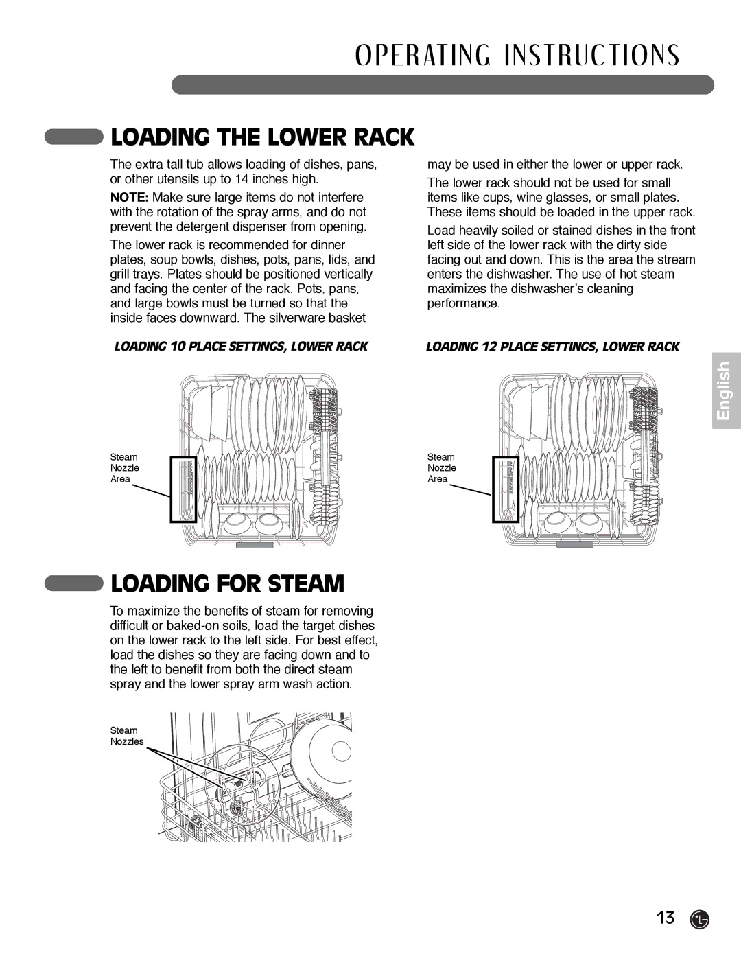 LG Electronics LDF7932BB, LDF7932WW, LDF7932ST owner manual Loading the Lower Rack, Loading for Steam 