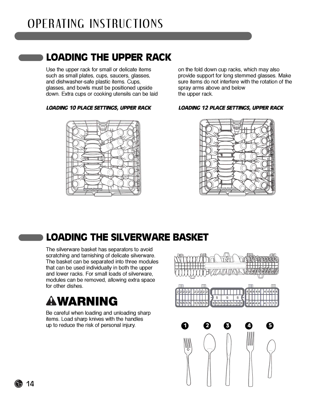 LG Electronics LDF7932ST, LDF7932WW, LDF7932BB owner manual Loading the Upper Rack, Loading the Silverware Basket 