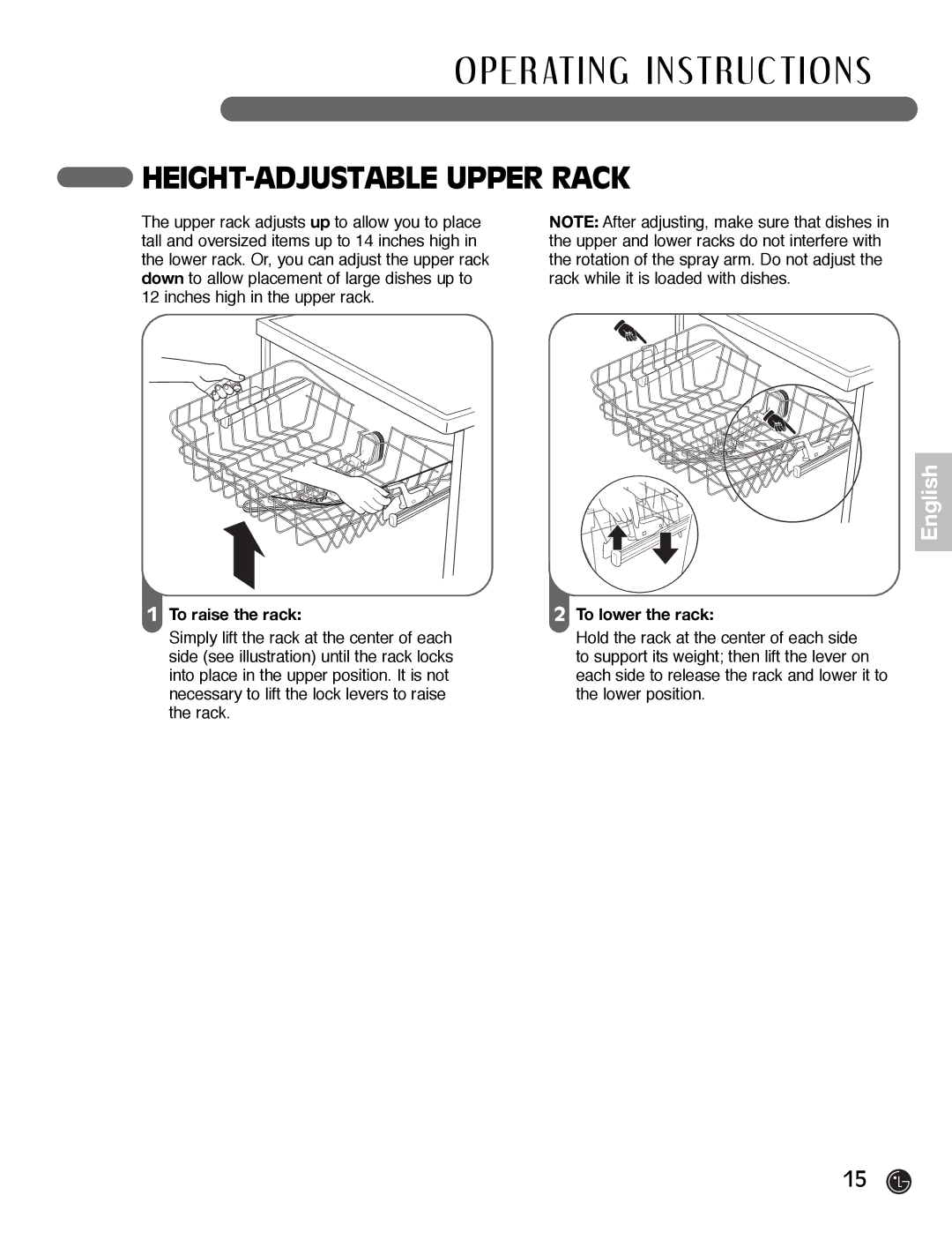 LG Electronics LDF7932WW, LDF7932BB, LDF7932ST owner manual HEIGHT-ADJUSTABLE Upper Rack, To raise the rack 