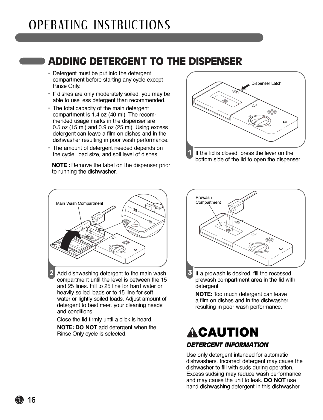 LG Electronics LDF7932BB, LDF7932WW, LDF7932ST owner manual Adding Detergent to the Dispenser, Detergent Information 