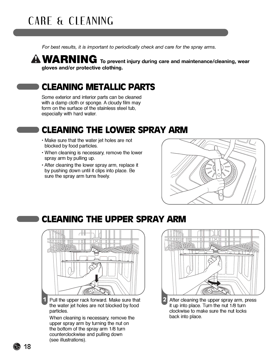 LG Electronics LDF7932WW, LDF7932BB Cleaning Metallic Parts, Cleaning the Lower Spray ARM, Cleaning the Upper Spray ARM 