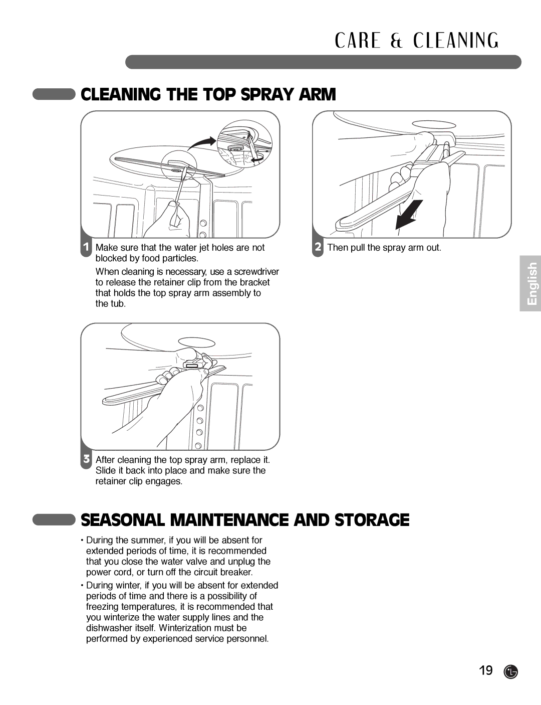 LG Electronics LDF7932BB, LDF7932WW, LDF7932ST owner manual Cleaning the TOP Spray ARM, Seasonal Maintenance and Storage 