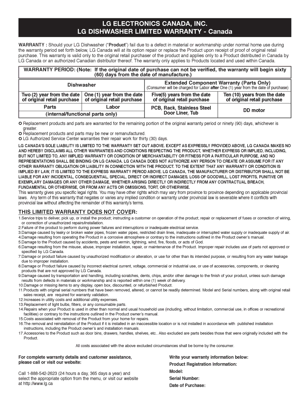 LG Electronics LDF7932WW, LDF7932BB, LDF7932ST owner manual LG Electronics CANADA, INC 