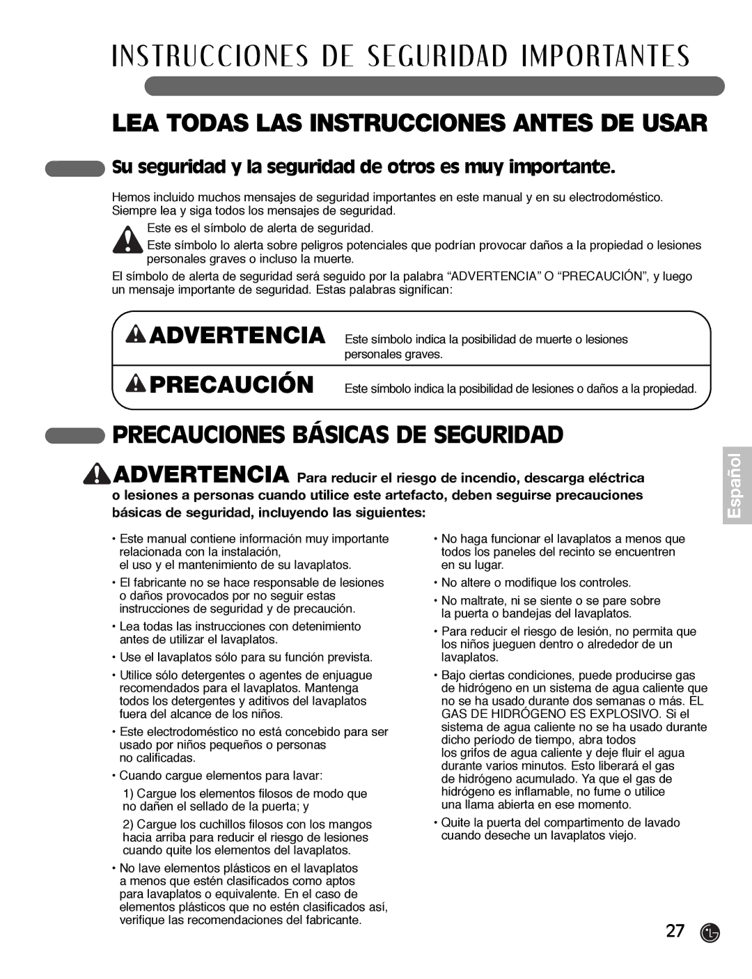 LG Electronics LDF7932WW, LDF7932BB, LDF7932ST LEA Todas LAS Instrucciones Antes DE Usar, Precauciones Básicas DE Seguridad 