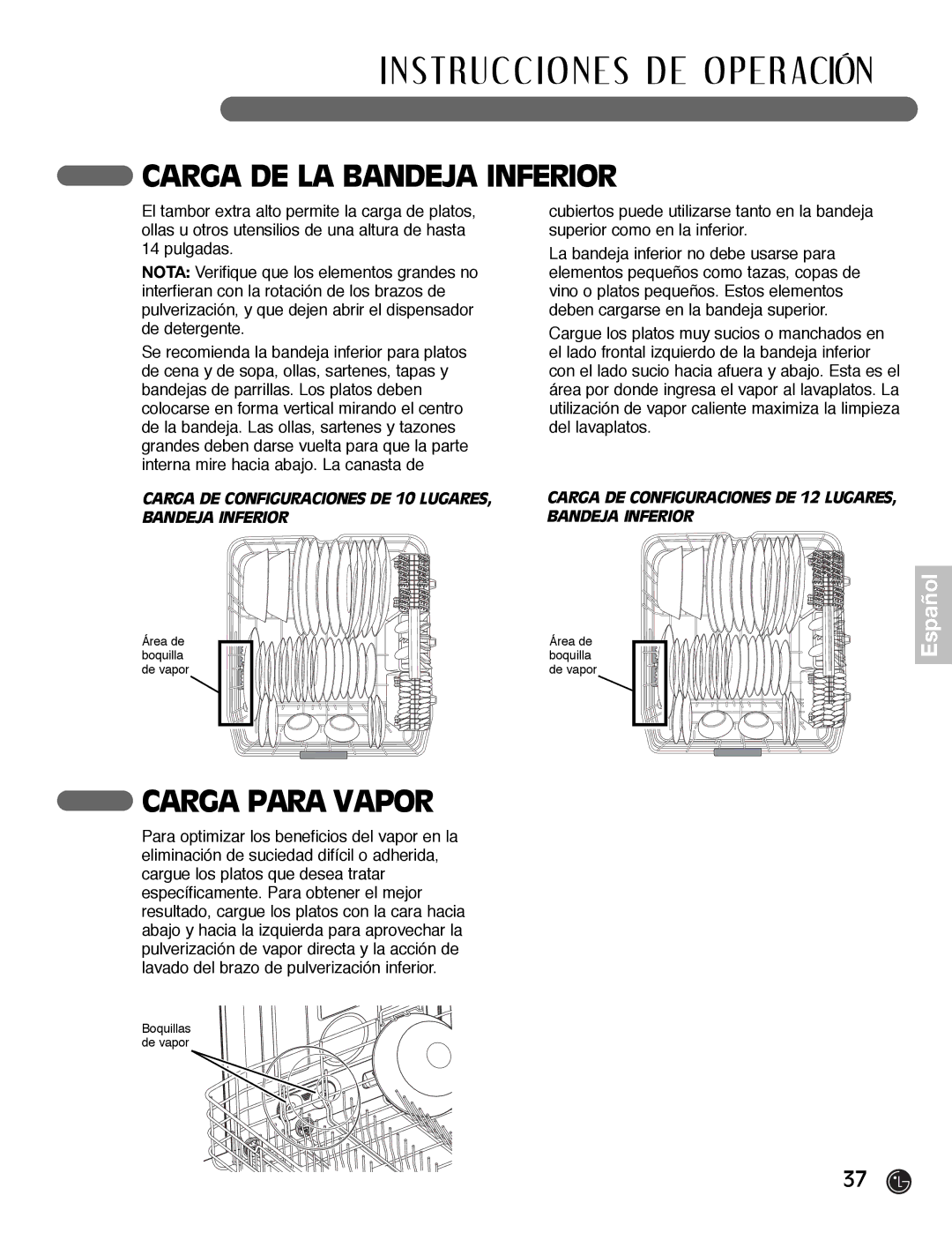 LG Electronics LDF7932BB, LDF7932WW, LDF7932ST owner manual Carga DE LA Bandeja Inferior, Carga Para Vapor 