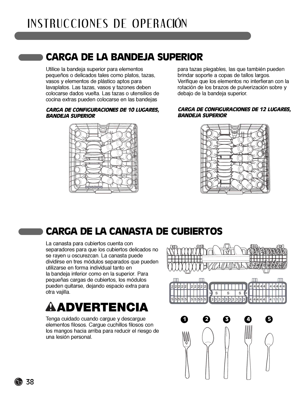 LG Electronics LDF7932ST, LDF7932WW, LDF7932BB owner manual Carga DE LA Bandeja Superior, Carga DE LA Canasta DE Cubiertos 