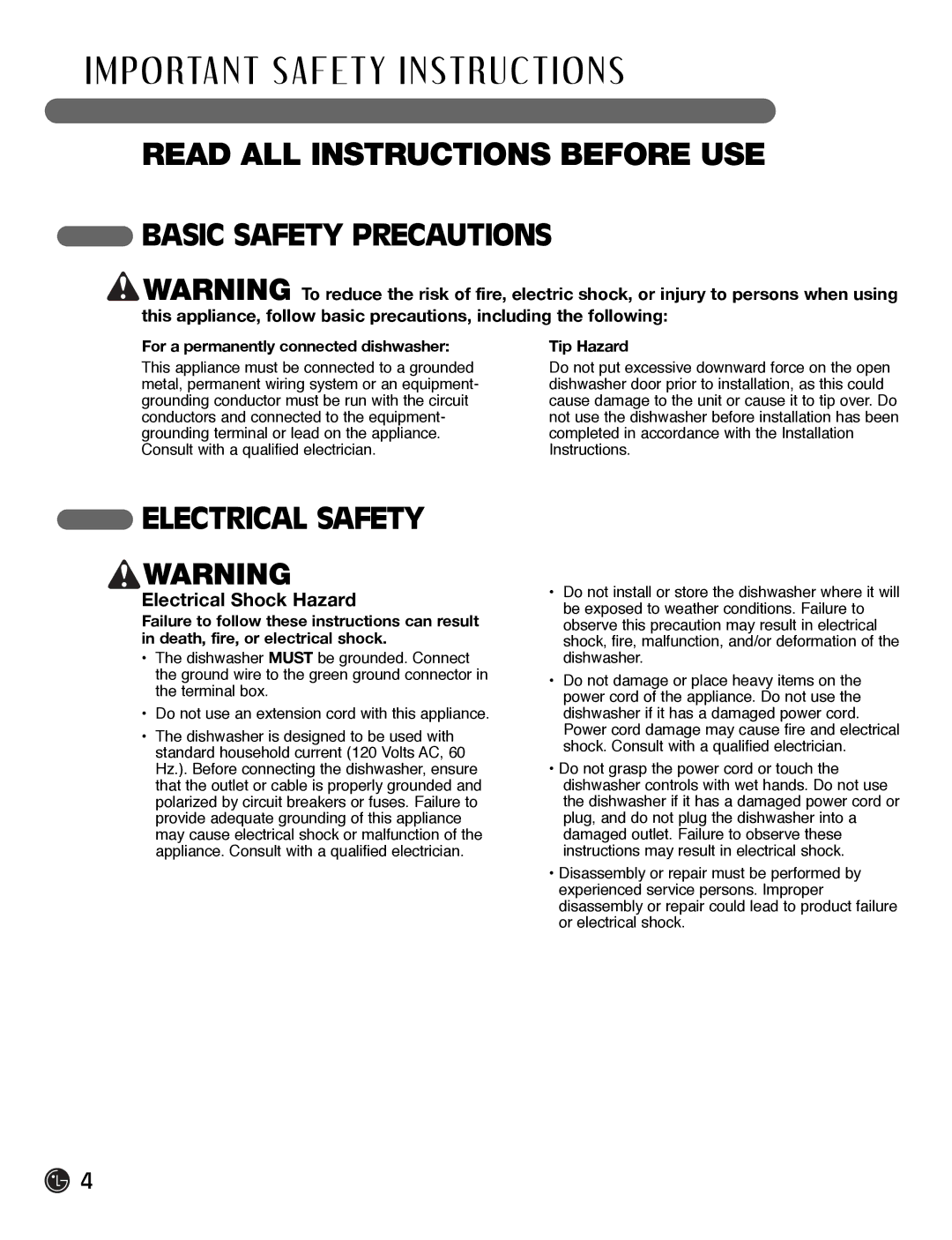 LG Electronics LDF7932BB, LDF7932WW, LDF7932ST Electrical Safety, For a permanently connected dishwasher, Tip Hazard 