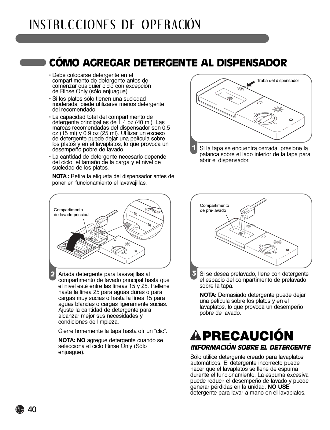 LG Electronics LDF7932BB, LDF7932WW, LDF7932ST Cómo Agregar Detergente AL Dispensador, Información Sobre EL Detergente 