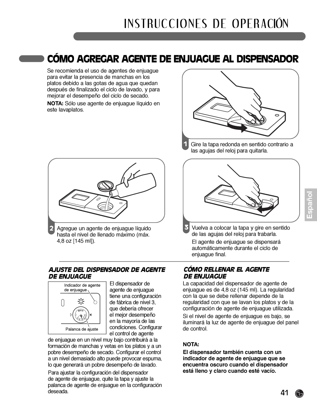 LG Electronics LDF7932ST, LDF7932WW Ajuste DEL Dispensador DE Agente DE Enjuague, Cómo Rellenar EL Agente DE Enjuague 