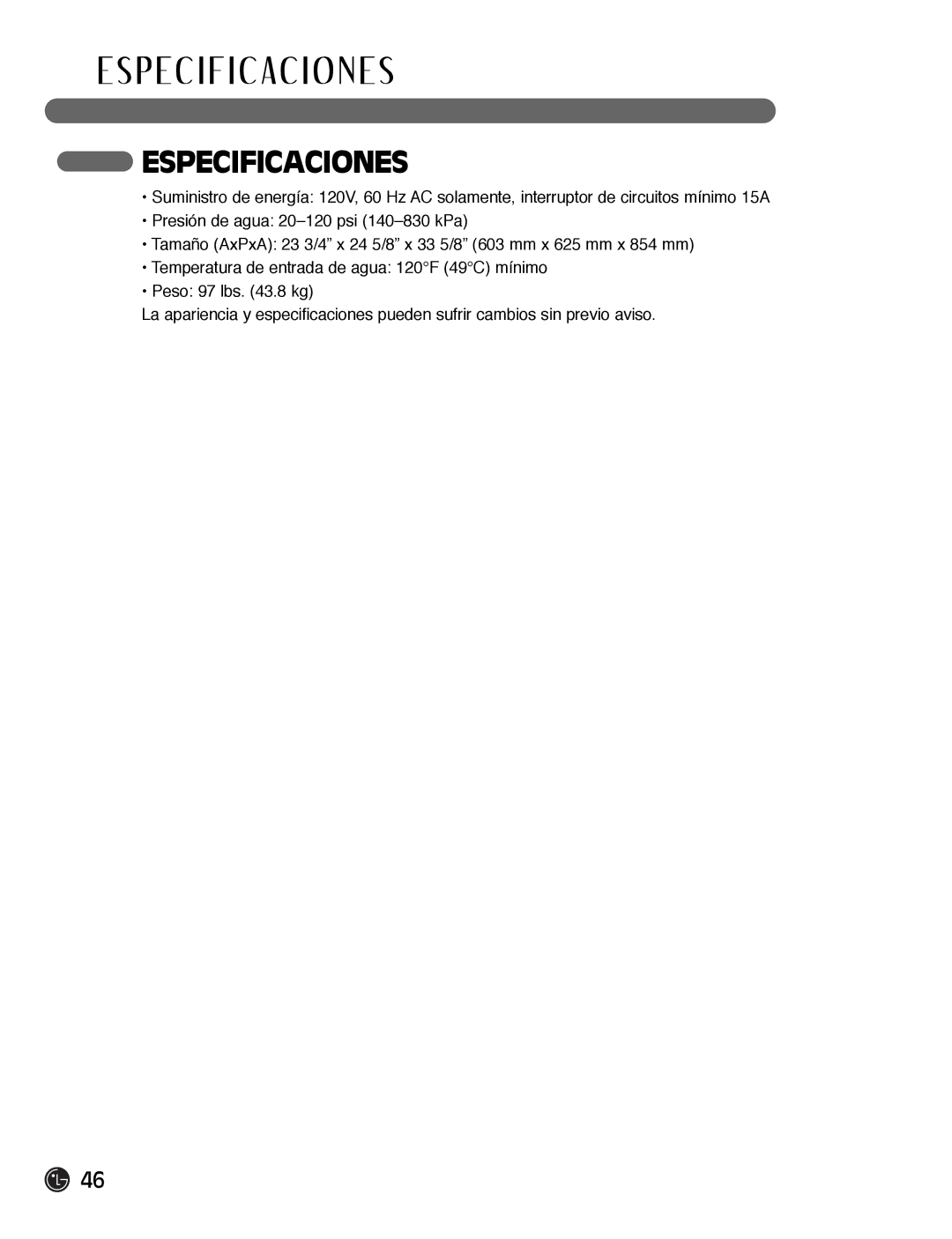 LG Electronics LDF7932BB, LDF7932WW, LDF7932ST owner manual P E C I F I C a C I O N E S, Especificaciones 