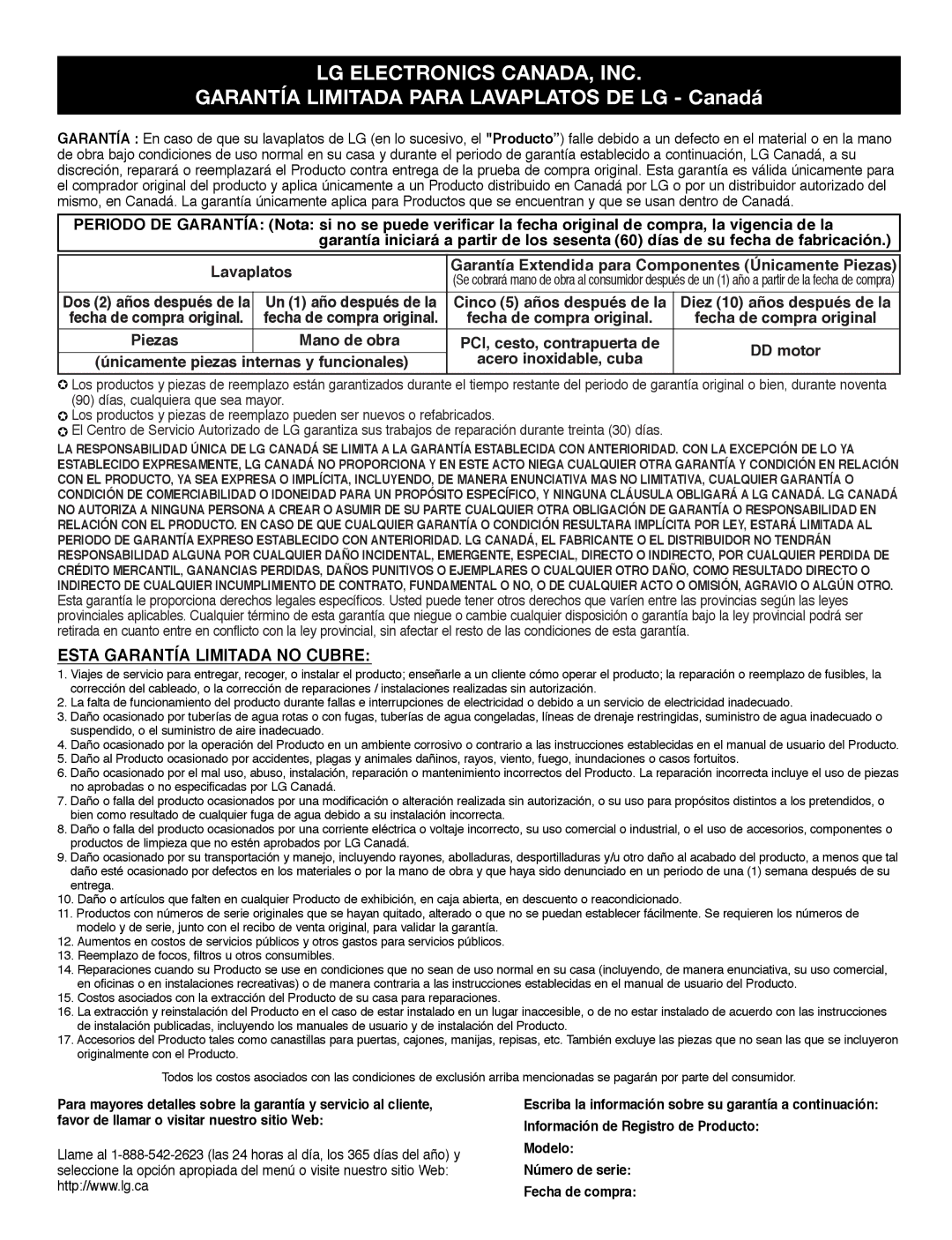 LG Electronics LDF7932WW, LDF7932BB, LDF7932ST owner manual Garantía Limitada Para Lavaplatos DE LG Canadá 