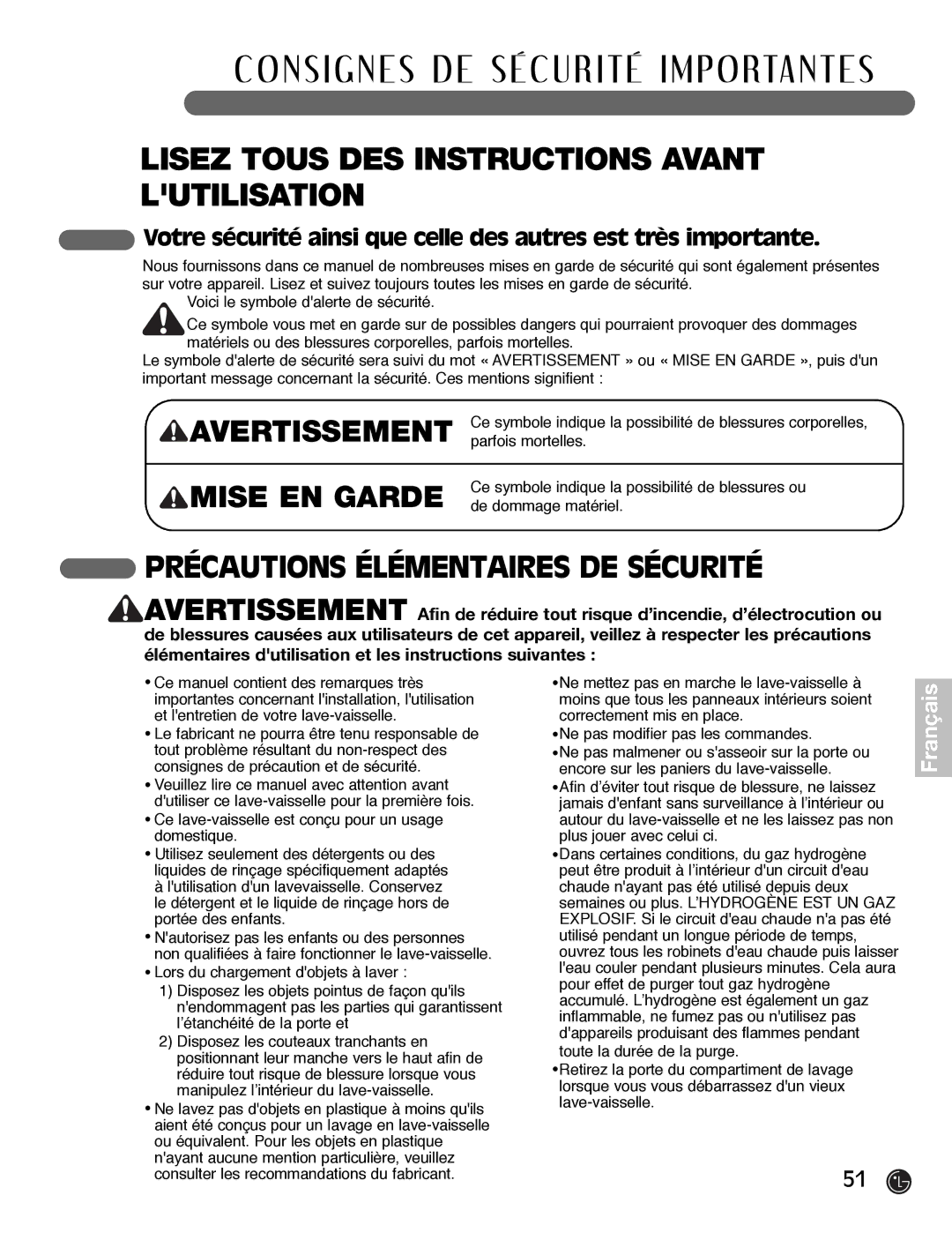 LG Electronics LDF7932WW, LDF7932BB, LDF7932ST Avertissement, Mise EN Garde, Précautions Élémentaires DE Sécurité 