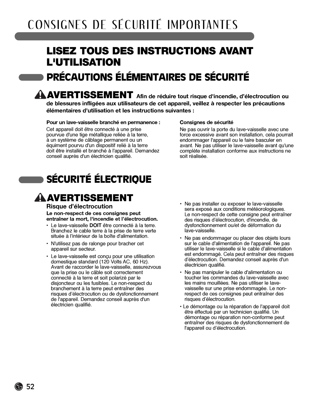 LG Electronics LDF7932BB, LDF7932WW Sécurité Électrique Avertissement, Pour un lave-vaisselle branché en permanence 