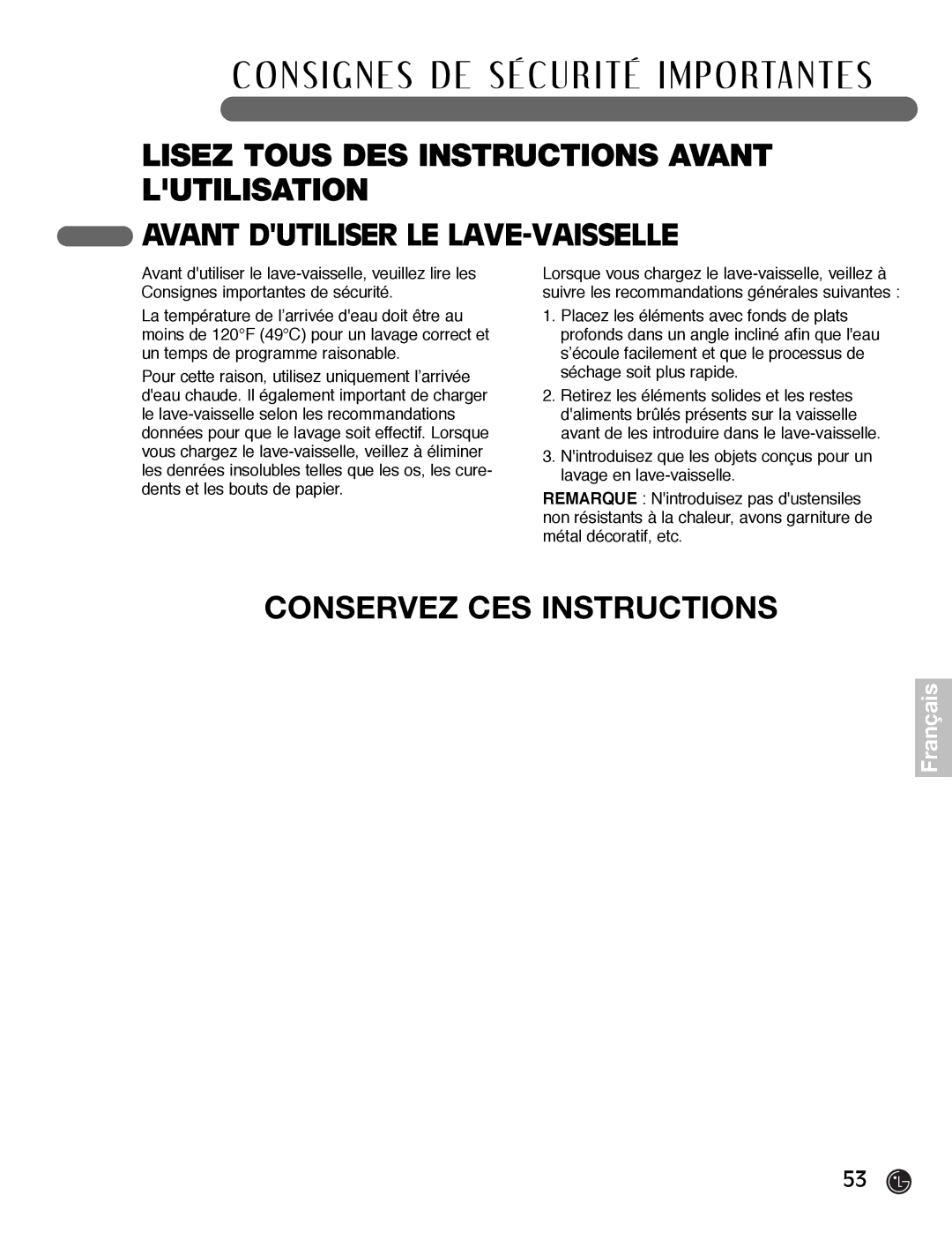 LG Electronics LDF7932ST, LDF7932WW, LDF7932BB owner manual Avant Dutiliser LE LAVE-VAISSELLE 