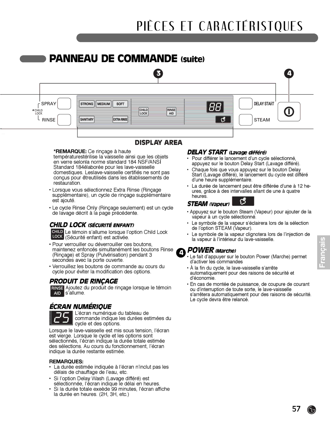 LG Electronics LDF7932WW, LDF7932BB, LDF7932ST owner manual Produit DE Rinçage, Écran Numérique 