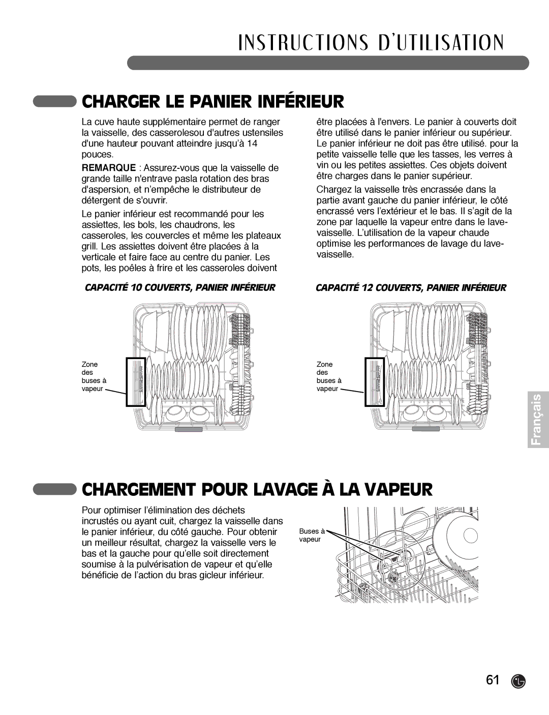 LG Electronics LDF7932BB, LDF7932WW, LDF7932ST owner manual Charger LE Panier Inférieur, Chargement Pour Lavage À LA Vapeur 