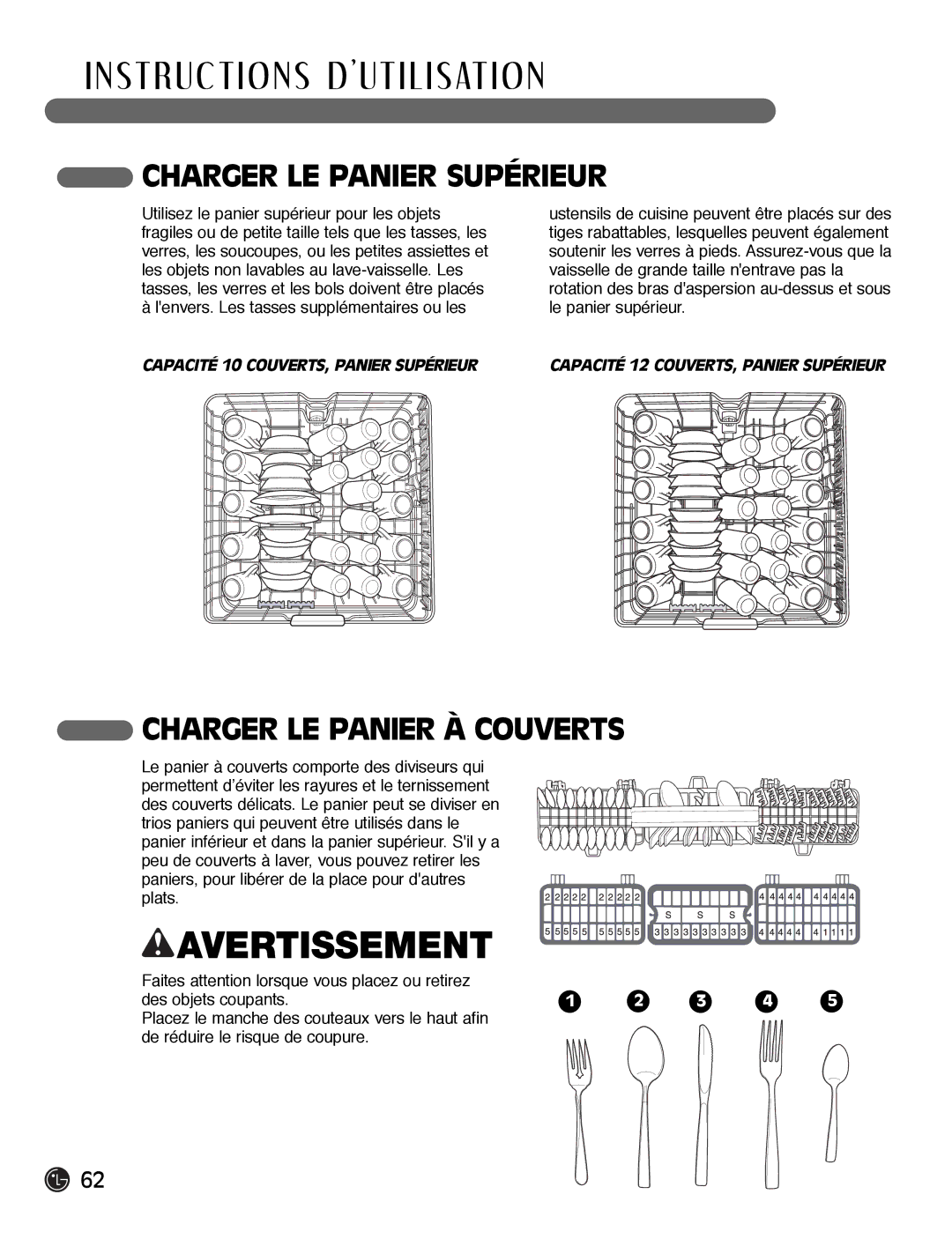 LG Electronics LDF7932ST, LDF7932WW, LDF7932BB owner manual Charger LE Panier Supérieur, Charger LE Panier À Couverts 