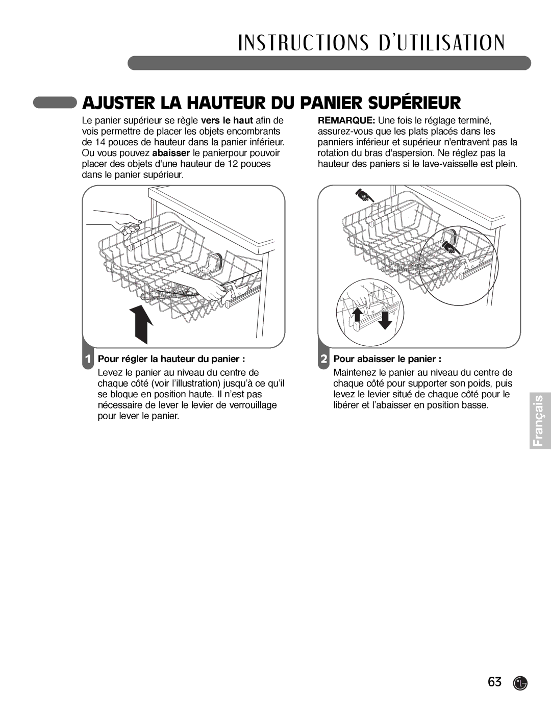 LG Electronics LDF7932WW, LDF7932BB, LDF7932ST Ajuster LA Hauteur DU Panier Supérieur, Pour régler la hauteur du panier 