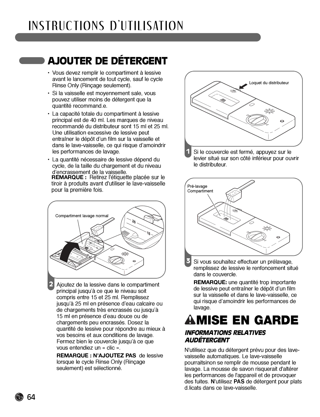 LG Electronics LDF7932BB, LDF7932WW, LDF7932ST owner manual Ajouter DE Détergent, Informations Relatives Audétergent 