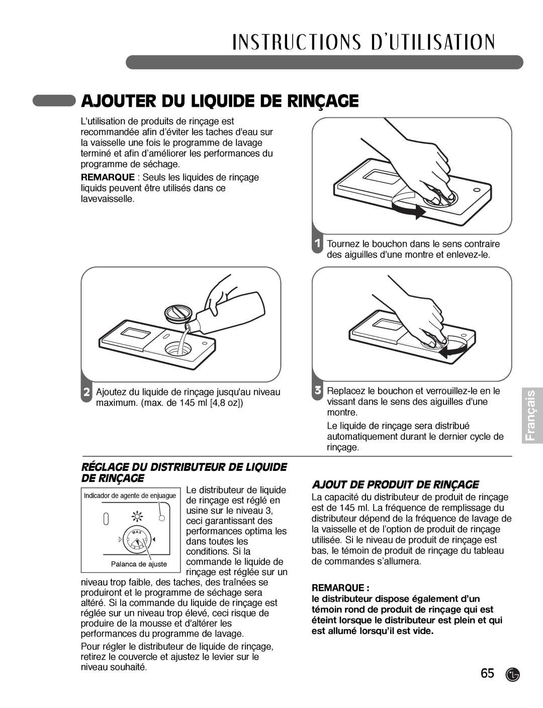 LG Electronics LDF7932ST, LDF7932WW, LDF7932BB Ajouter DU Liquide DE Rinçage, Réglage DU Distributeur DE Liquide DE Rinçage 