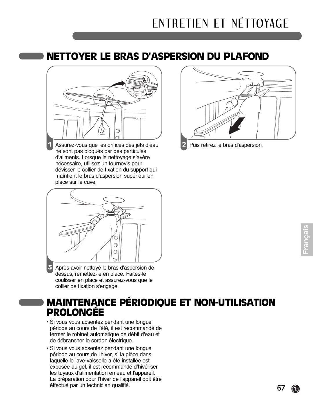 LG Electronics LDF7932BB Nettoyer LE Bras Daspersion DU Plafond, Maintenance Périodique ET NON-UTILISATION Prolongée 