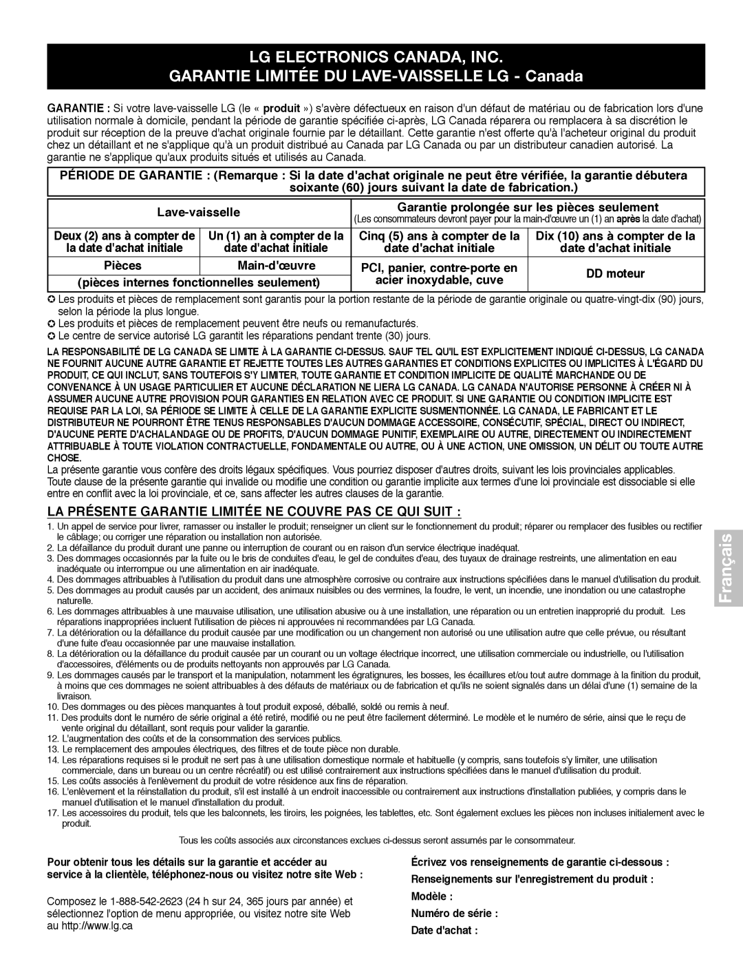 LG Electronics LDF7932ST, LDF7932WW, LDF7932BB owner manual Garantie Limitée DU LAVE-VAISSELLE LG Canada 