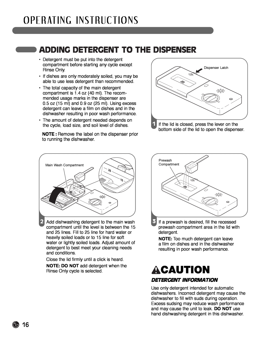 LG Electronics LDF7932BB Detergent Information, O P E R At I N G I N S T Ru C T I O N S, Adding Detergent To The Dispenser 