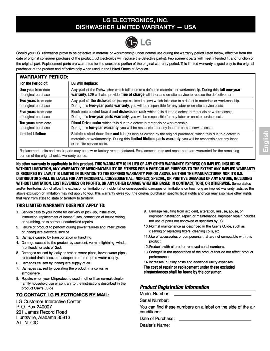 LG Electronics LDF7932ST Lg Electronics, Inc, Dishwasher Limited Warranty — Usa, Product Registration Information 