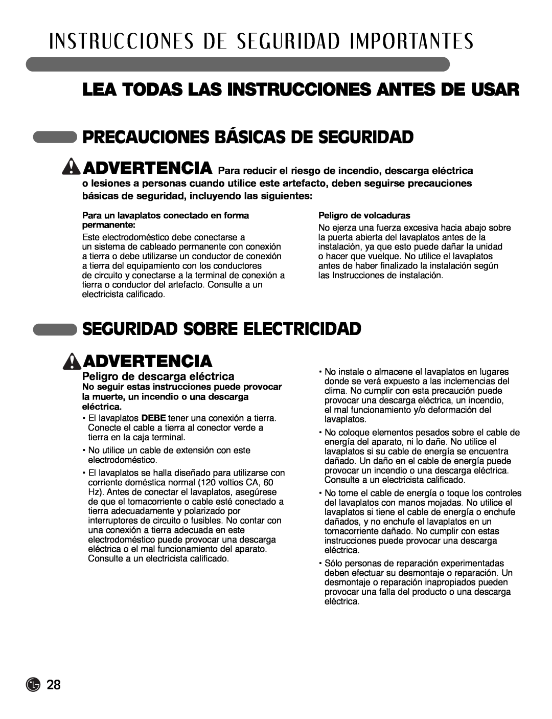 LG Electronics LDF7932BB Seguridad Sobre Electricidad, Advertencia, Peligro de descarga eléctrica, Peligro de volcaduras 