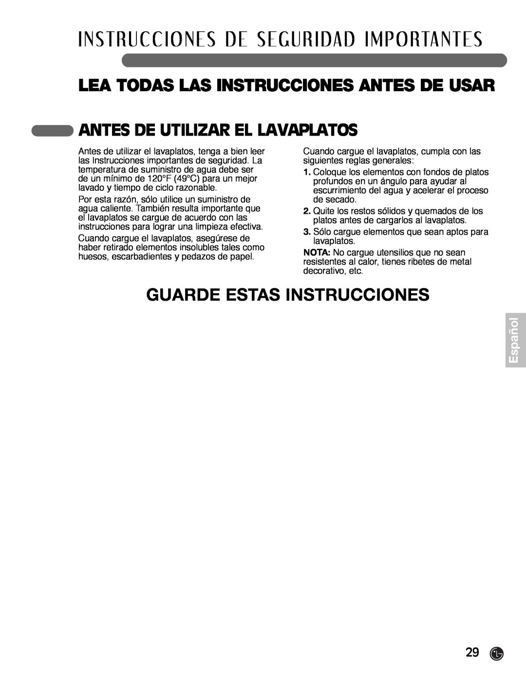 LG Electronics LDF7932ST, LDF7932WW, LDF7932BB Guarde Estas Instrucciones, Antes De Utilizar El Lavaplatos, Español 