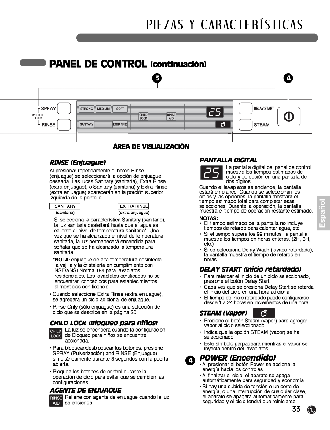 LG Electronics LDF7932WW PANEL DE CONTROL continuación, POWER Encendido, Área De Visualización, RINSE Enjuague, Español 