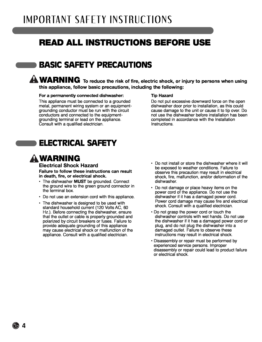 LG Electronics LDF7932BB Electrical Safety, Electrical Shock Hazard, Read All Instructions Before Use, Tip Hazard 