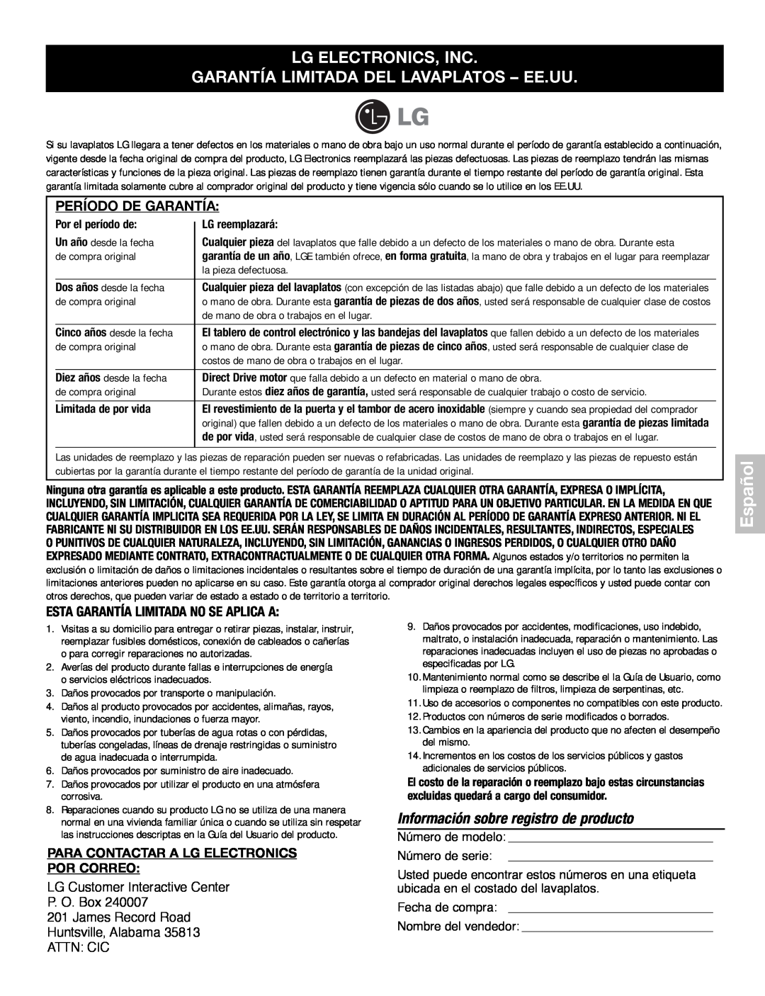 LG Electronics LDF7932ST Garantía Limitada Del Lavaplatos – Ee.Uu, Información sobre registro de producto, Español 
