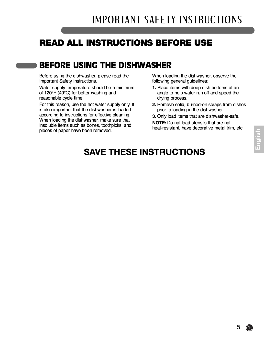 LG Electronics LDF7932ST Save These Instructions, Before Using The Dishwasher, Read All Instructions Before Use, English 
