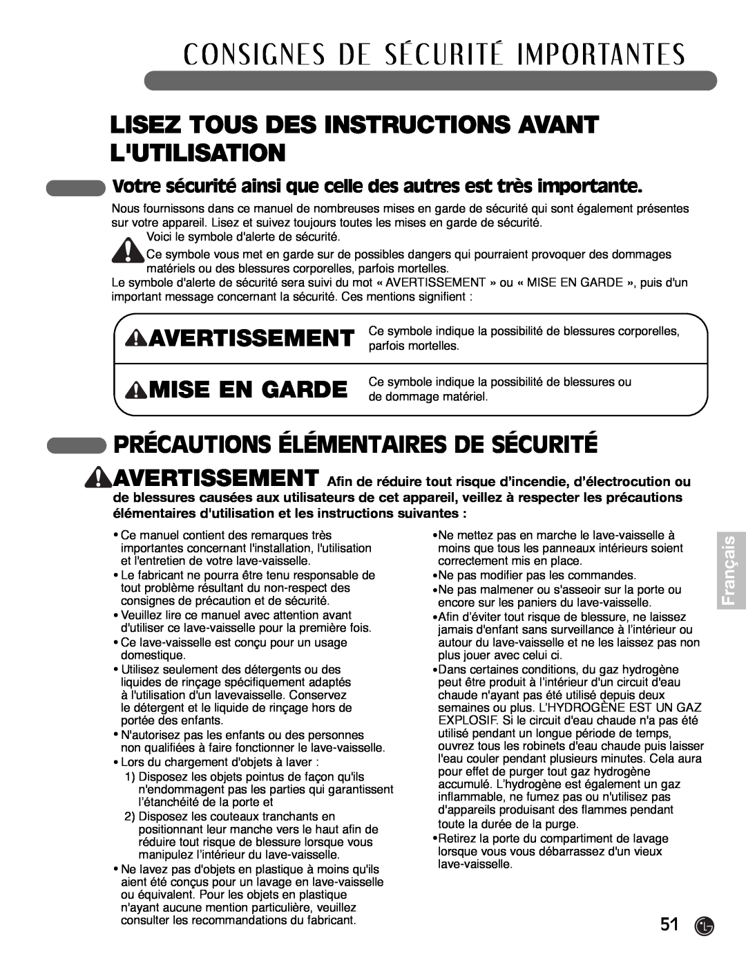 LG Electronics LDF7932WW, LDF7932BB Lisez Tous Des Instructions Avant Lutilisation, Avertissement, Mise En Garde, Français 