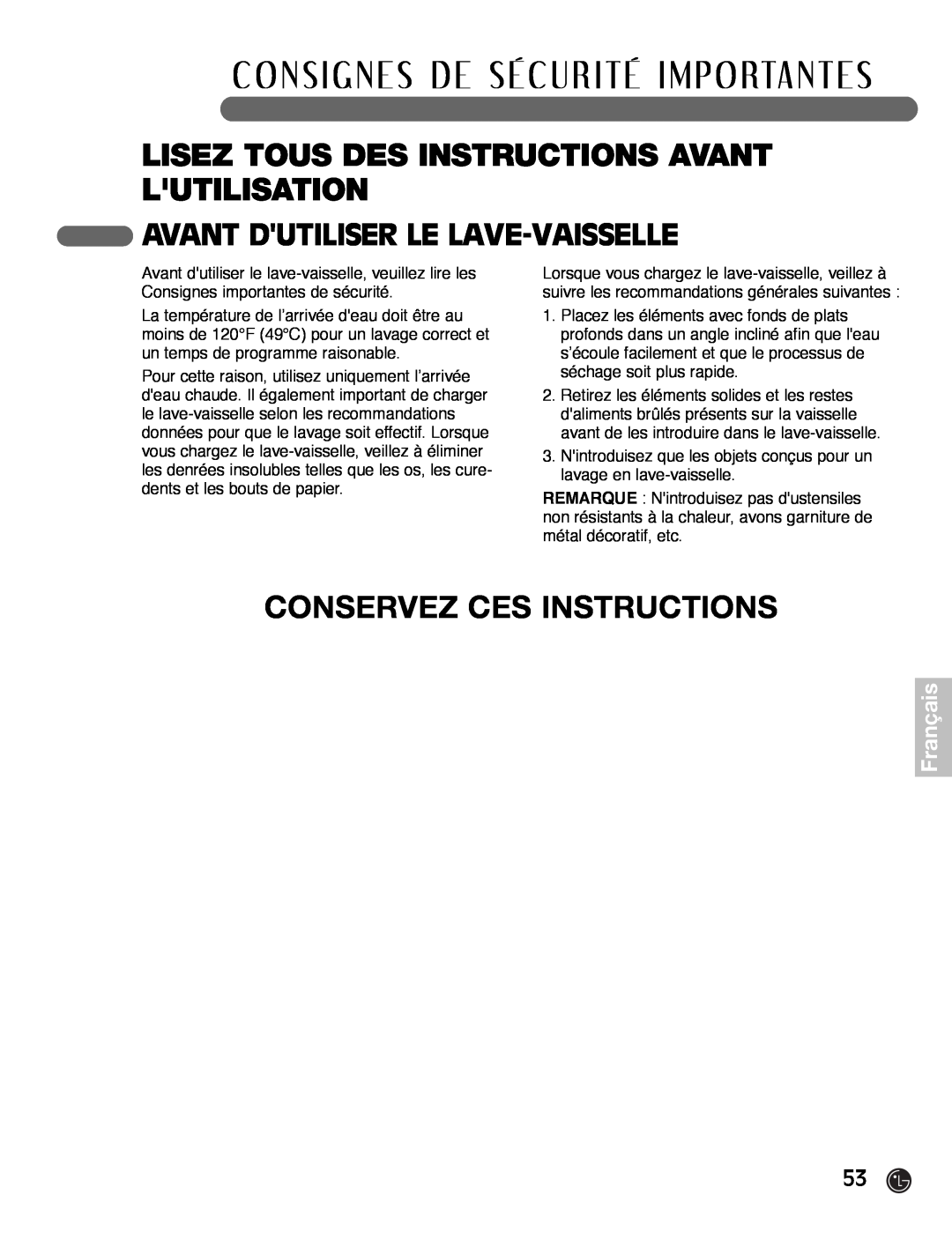 LG Electronics LDF7932ST, LDF7932WW, LDF7932BB Conservez Ces Instructions, Avant Dutiliser Le Lave-Vaisselle, Français 
