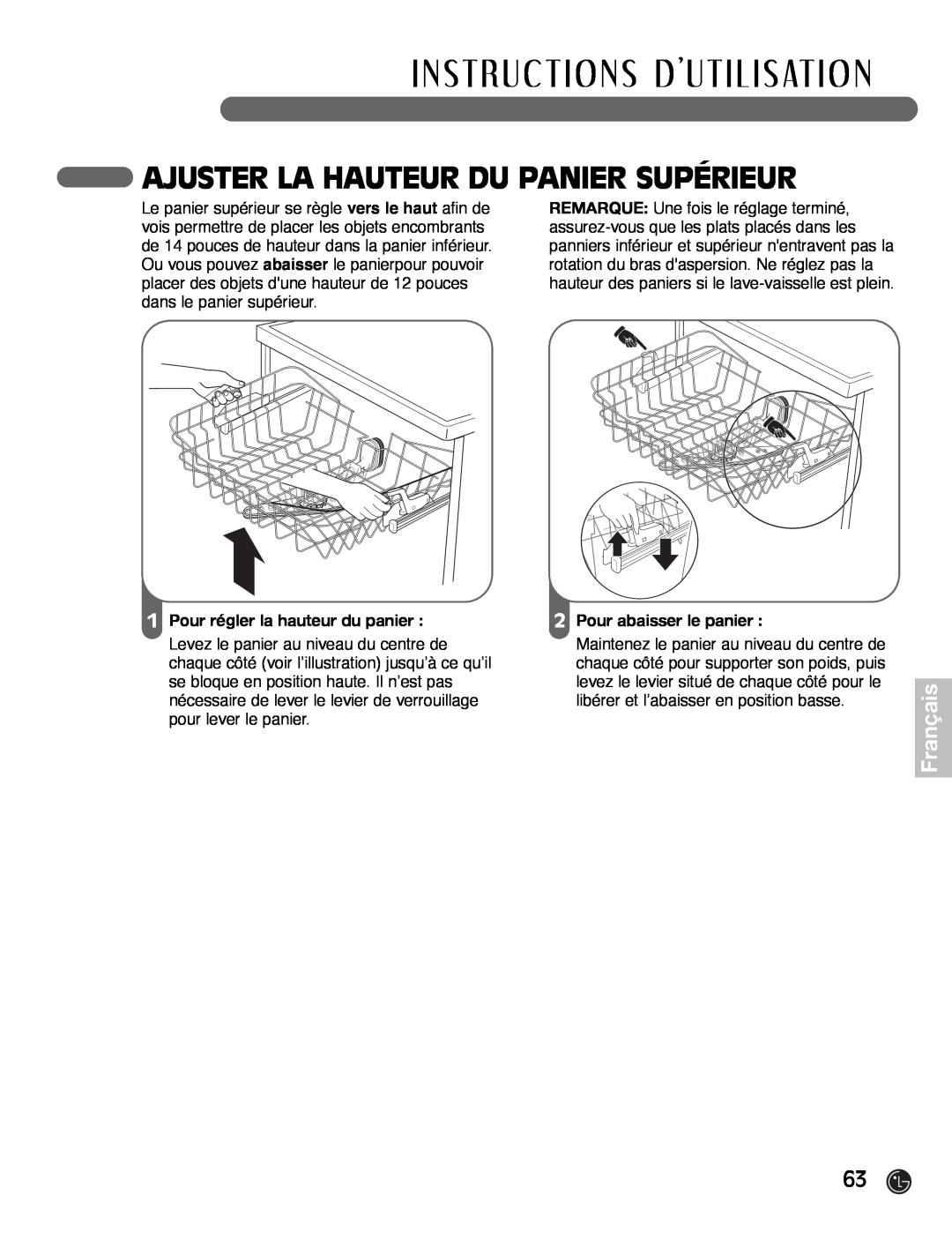 LG Electronics LDF7932WW Ajuster La Hauteur Du Panier Supérieur, I N S T Ru C T I O N S D U T I L I S At I O N, Français 