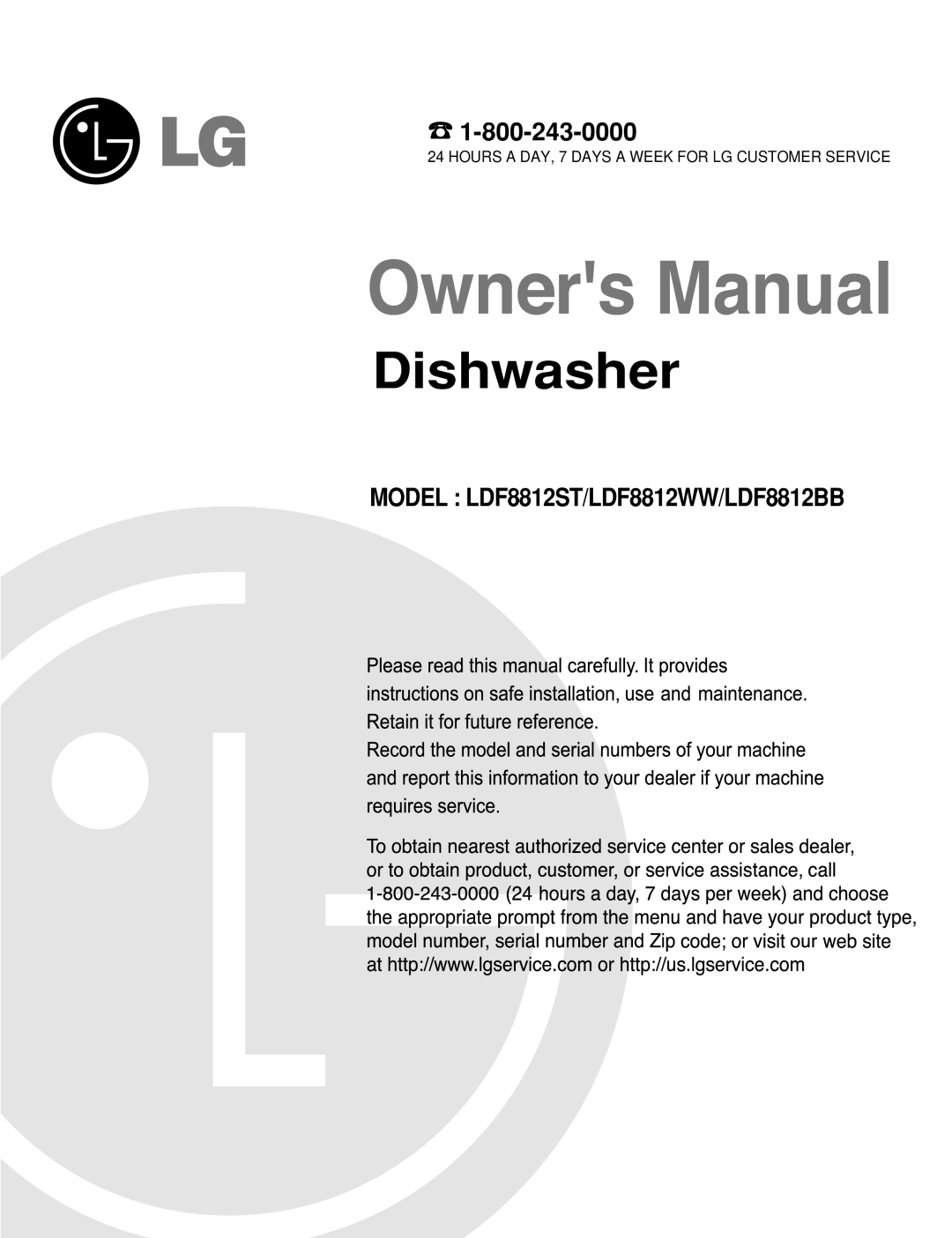 LG Electronics LDF8812WW, LDF8812ST, LDF8812BB manual Dishwasher 