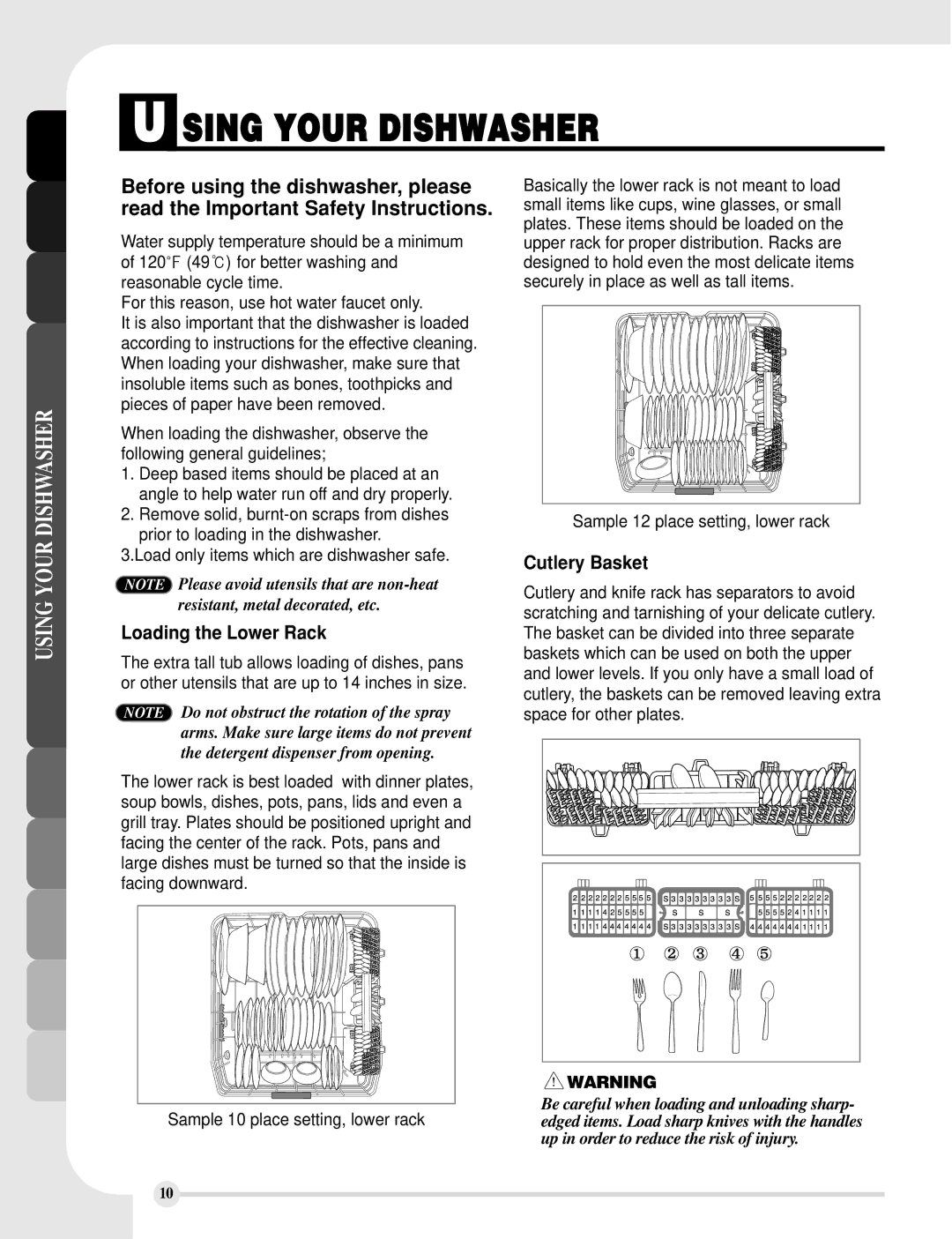 LG Electronics LDF8812WW, LDF8812ST Sing Your Dishwasher, Using Your Dishwasher, Loading the Lower Rack, Cutlery Basket 